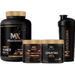 Muscleonix protein, pre-workout, and shaker for fitness enthusiasts.