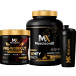 Muscleonix protein, pre-workout, and shaker for fitness enthusiasts.
