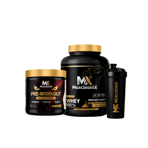 Muscleonix protein, pre-workout, and shaker for fitness enthusiasts.